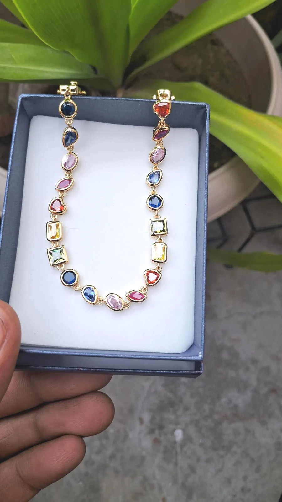 Rainbow Multi-Cut Multi-Color Gemstone Tennis Necklace 18K Yellow Gold Over 16″