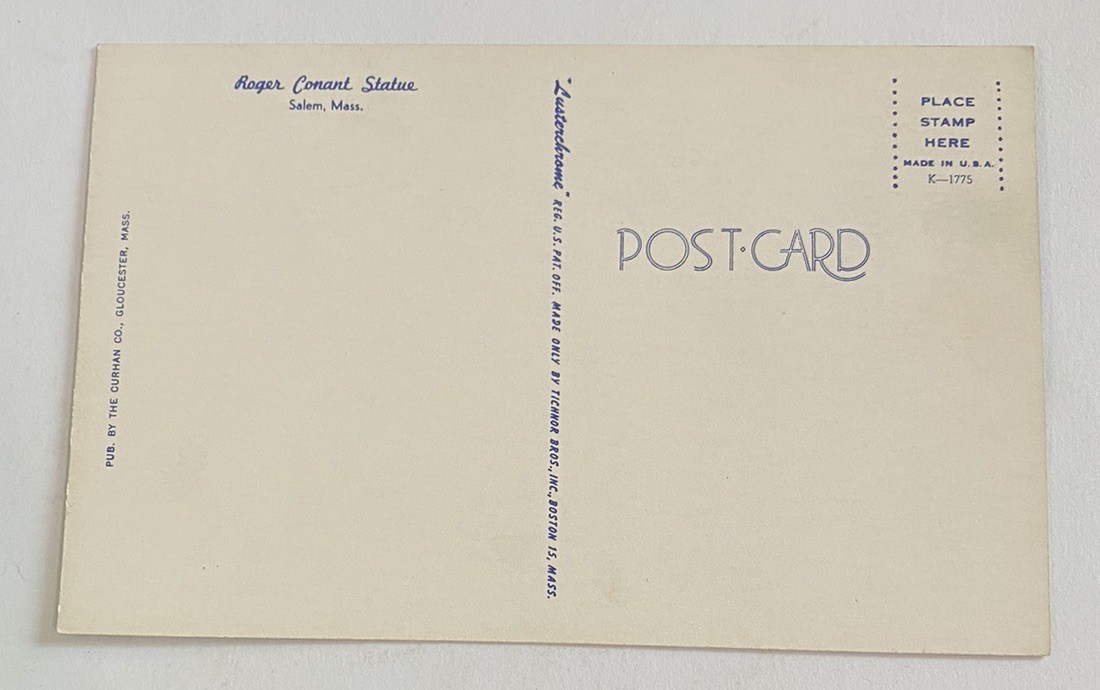 Vintage Postcard ~ Roger Conant Statue ~ Salem Massachusetts MA