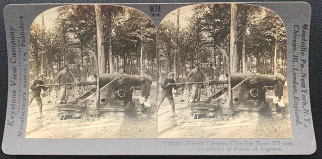 FRENCH GUNNERS CHARGING 270mm HOWITZER GUN ARGONNE WW1 KEYSTONE STEREOVIEW W74