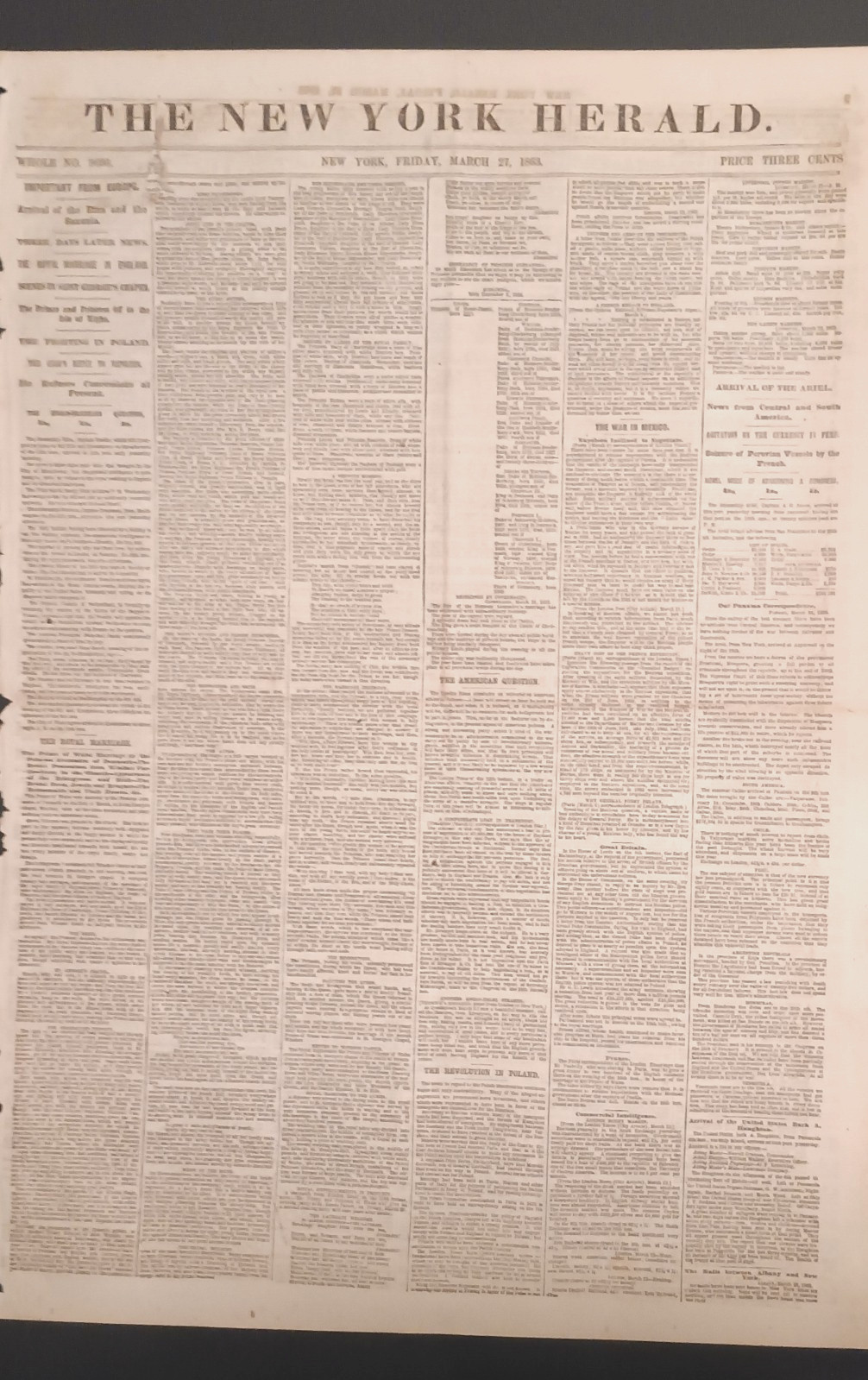 March 27, 1863 New York Herald FARRAGUT VICKSBURG, KENTUCKY REBELS, BRENTWOOD TN