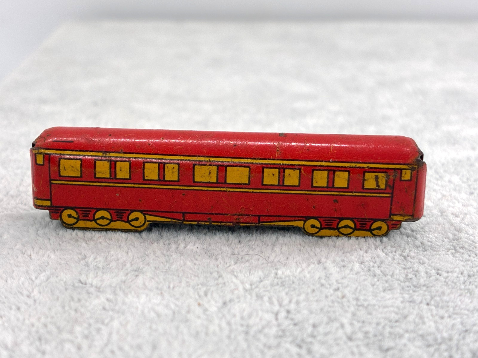 Vintage Cracker Jack Passenger Train Pullman Car Tin Litho Toy Rare Red Yellow