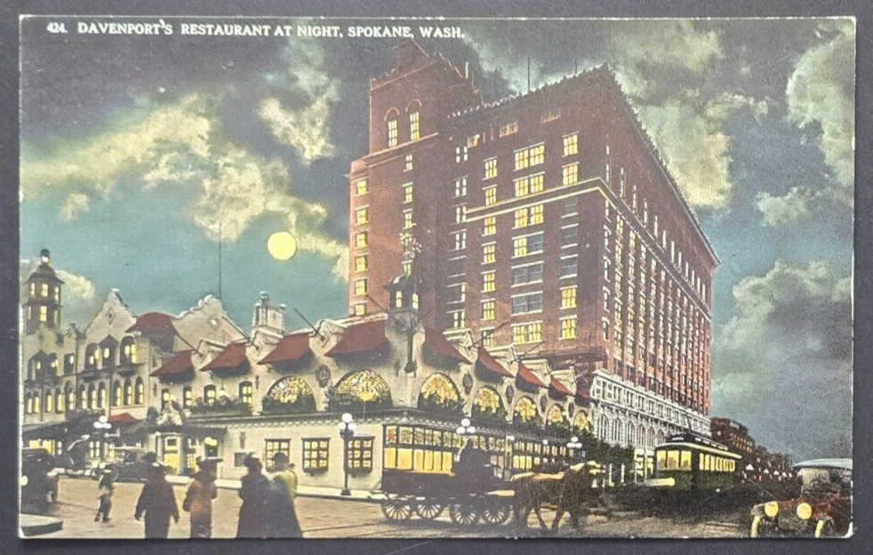 1910s Davenport’s Restaurant at Night Spokane WA Postcard Horse Carriages