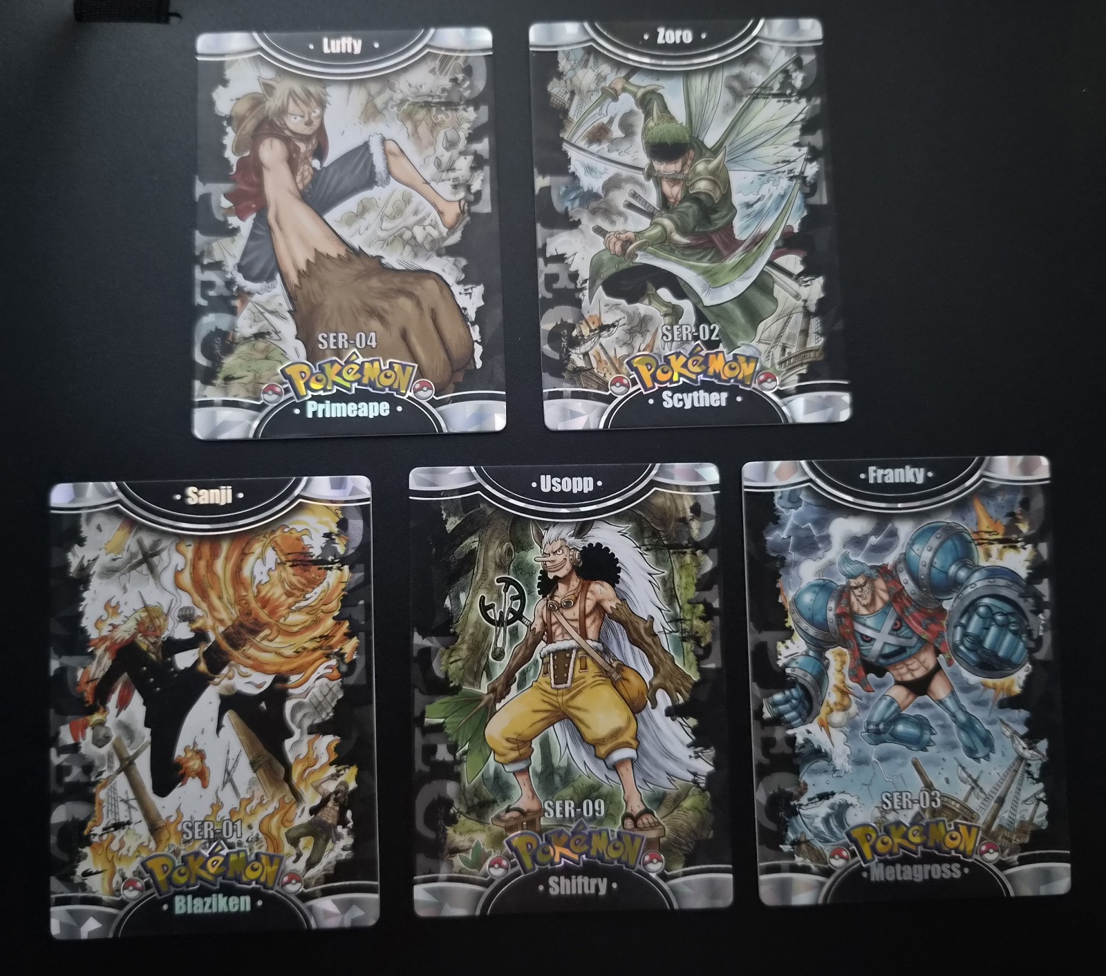 Pokemon X One Piece Mengka V.2 Cards Primeape Scyther Metagross Shiftry Blaziken