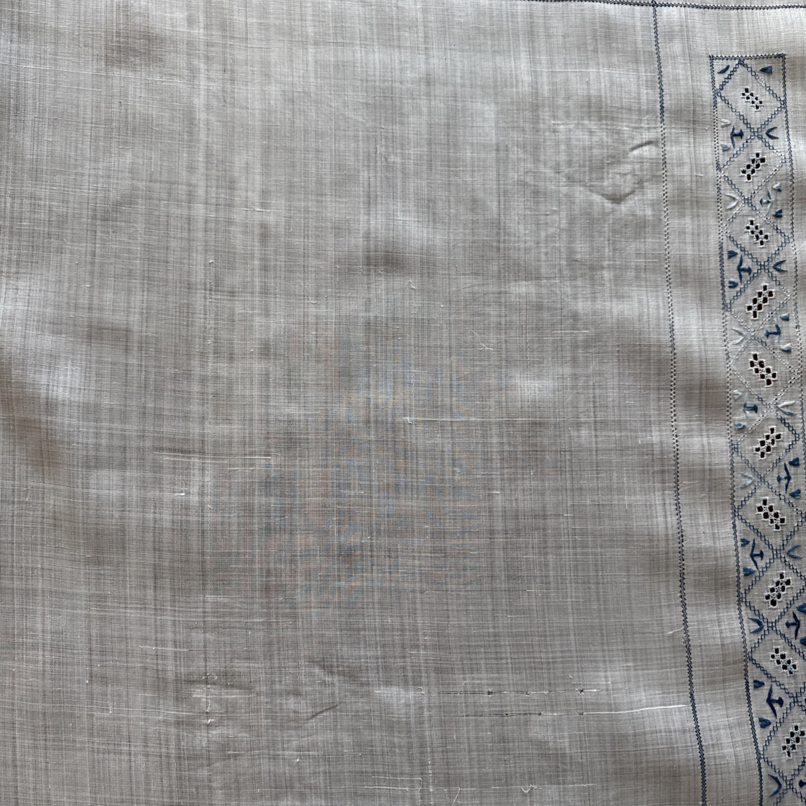 Lightweight Linen Table Topper Cloth 37 Inch Square White Blue embroidery