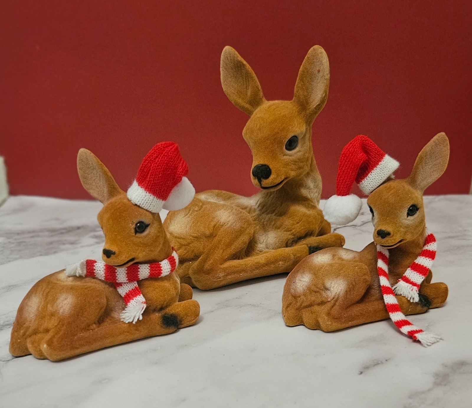 Set of 3 Vintage Flocked Christmas Deer Doe and 2 Fawns EUC