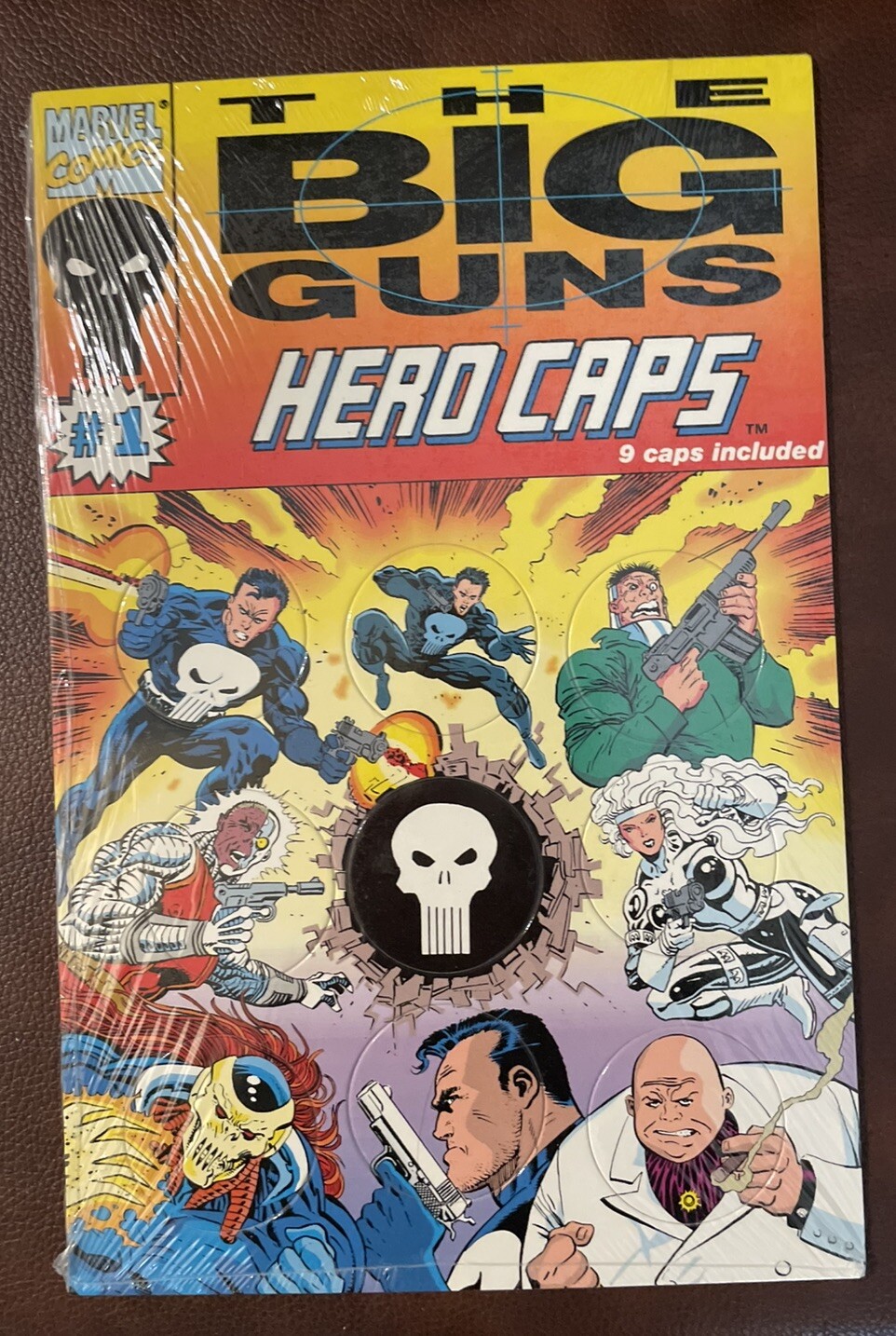 Marvel Comics Big Guns Hero Caps Pogs FACTORY SEALED 9 Cap Display 1993 Punisher