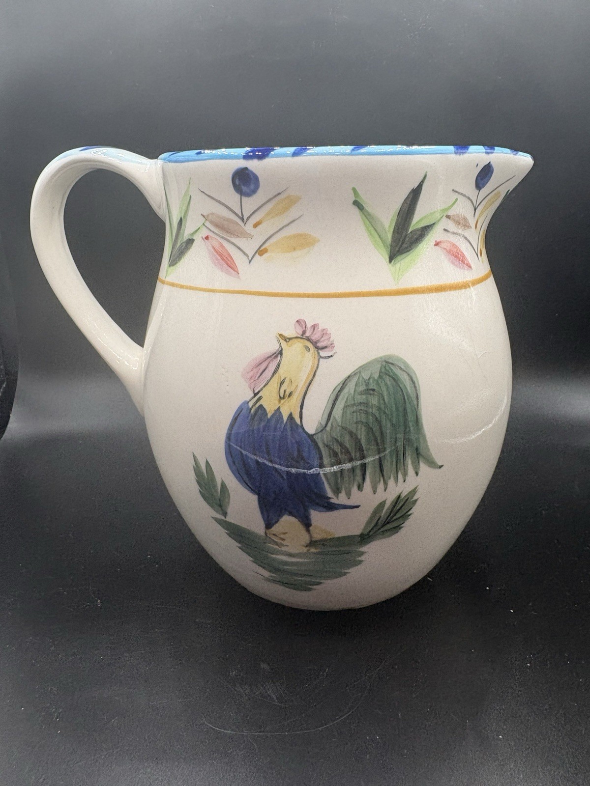 Vintage Ceramic Milk/Water Pitcher, Hand Painted with Rooster Motif 6.5 in high