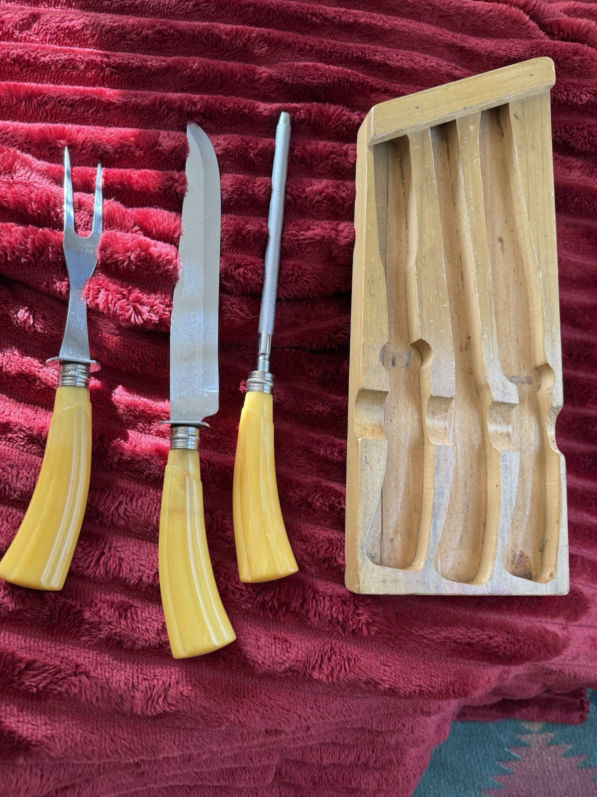 Early Washington Forge Carving Set Bakelite Plastic Butterscotch Handles Vintage