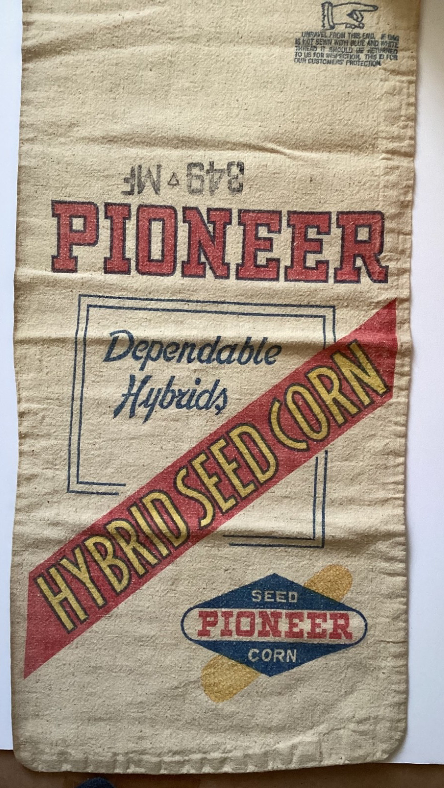 Vintage Pioneer Dependable Hybrid Seed Corn Cloth Canvas Seed Bag Sack 02A
