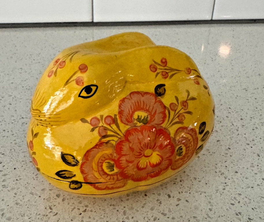 Vintage Kashmir Papier-mache Yellow Bunny Rabbit Trinket Box