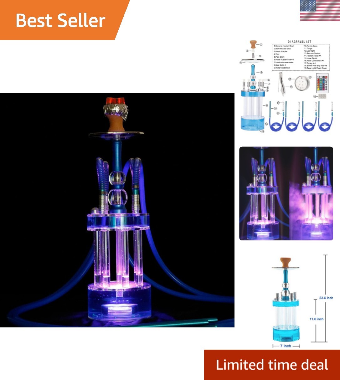 4 Hose Hookah Set，Large Party LED Hookahs, Modern Fountain Design Shisha kit …