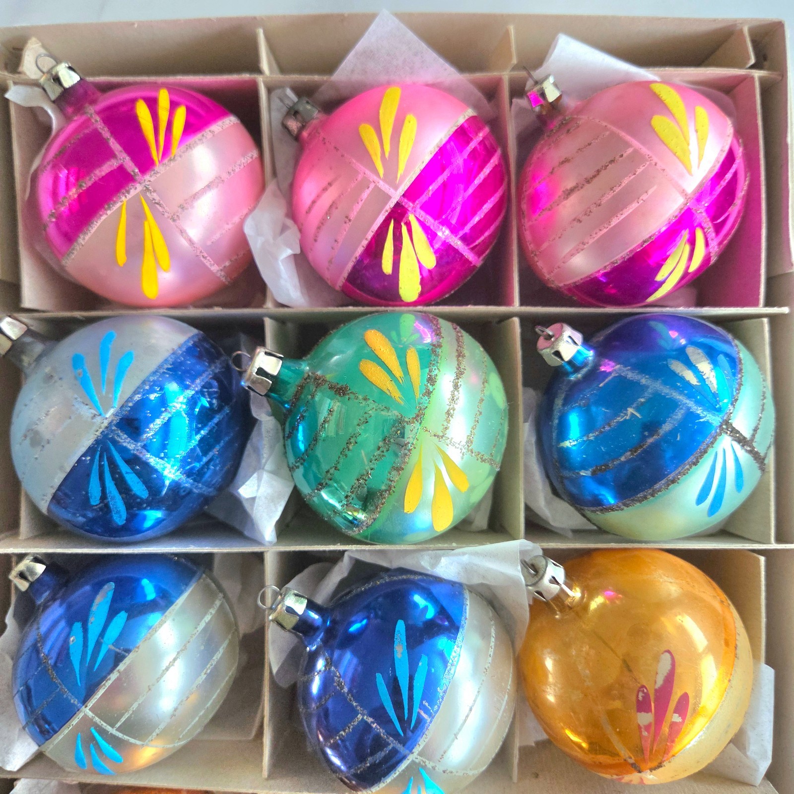 VTG 1950s Fantasia Christmas Ornaments Box 12 Mercury Glass Poland Striped MCM