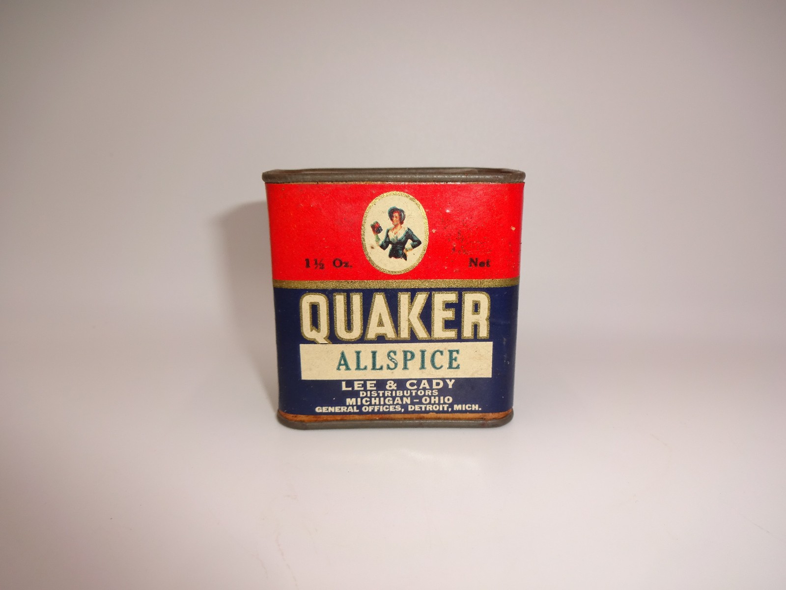 Vintage 1940s Metal Quaker Lee & Cady Allspice Spice Tin 1-1/2 Oz USA