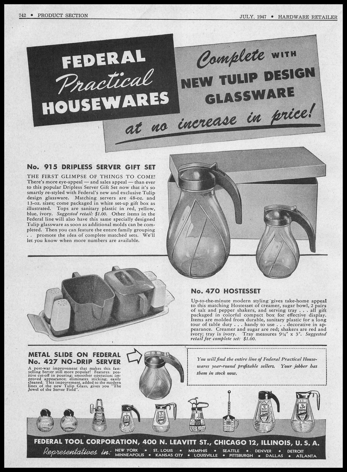 1947 Federal Tool Chicago Tulip Design Glassware Server Sets Vintage Print Ad