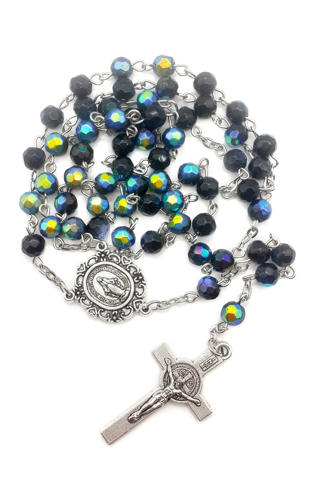 ST Benedict Rosary Necklace Multi Colored Black Blue Beads Miraculous Medal