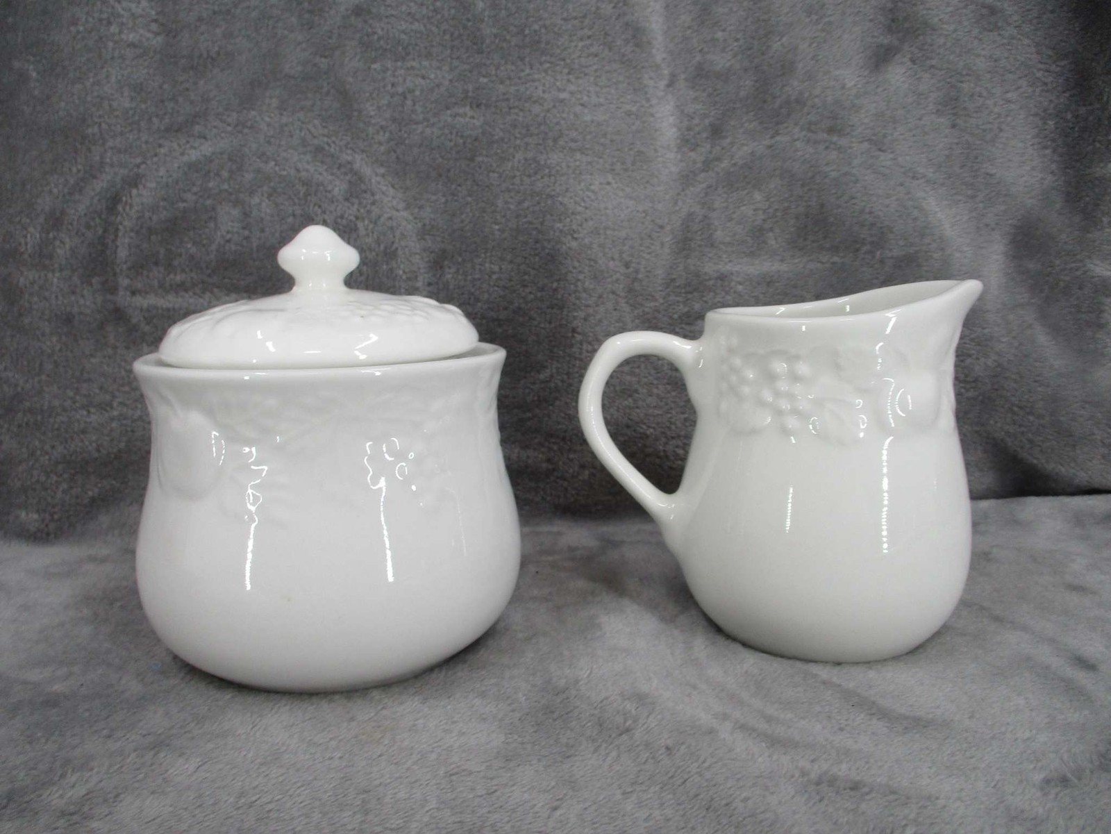 Sugar Bowl with Lid Creamer Pitcher Set Embossed Floral White Porcelain GIBSON