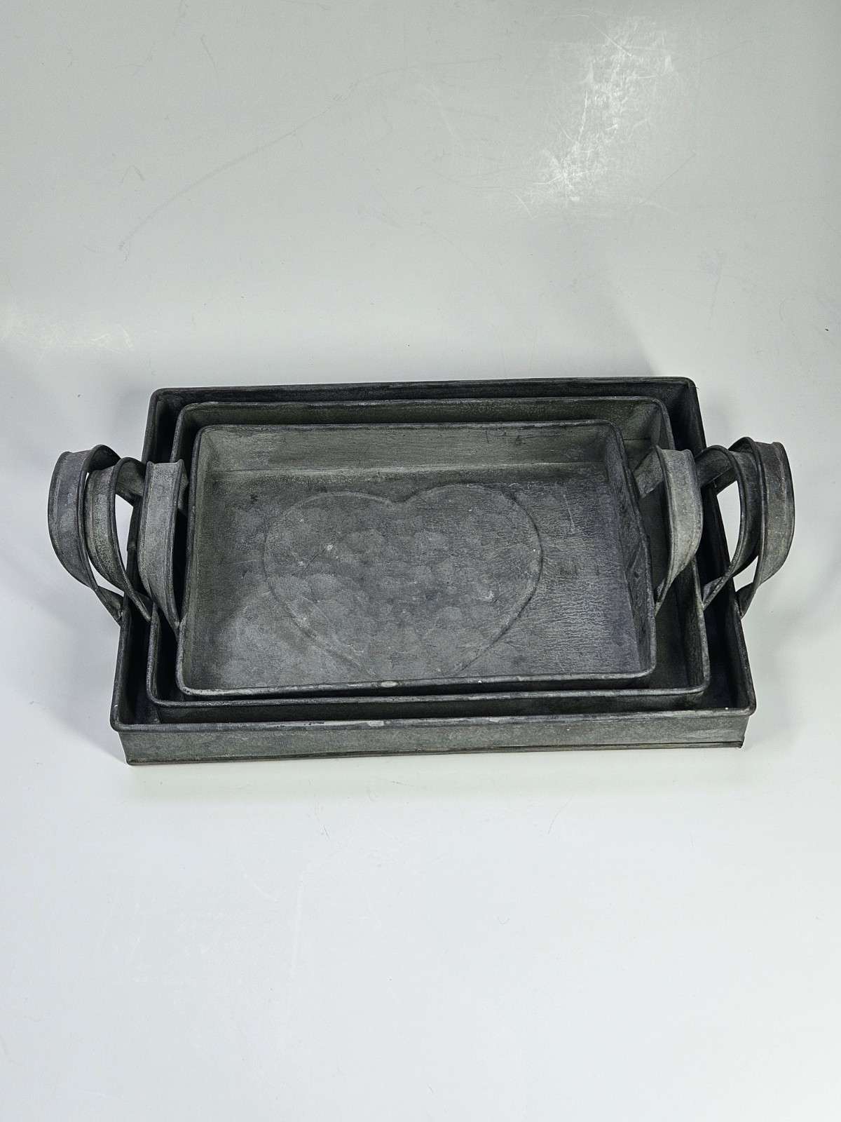 Set/3 Rectangular Rustic Galvanized Steel Heart Stamped Nesting Trays Handles