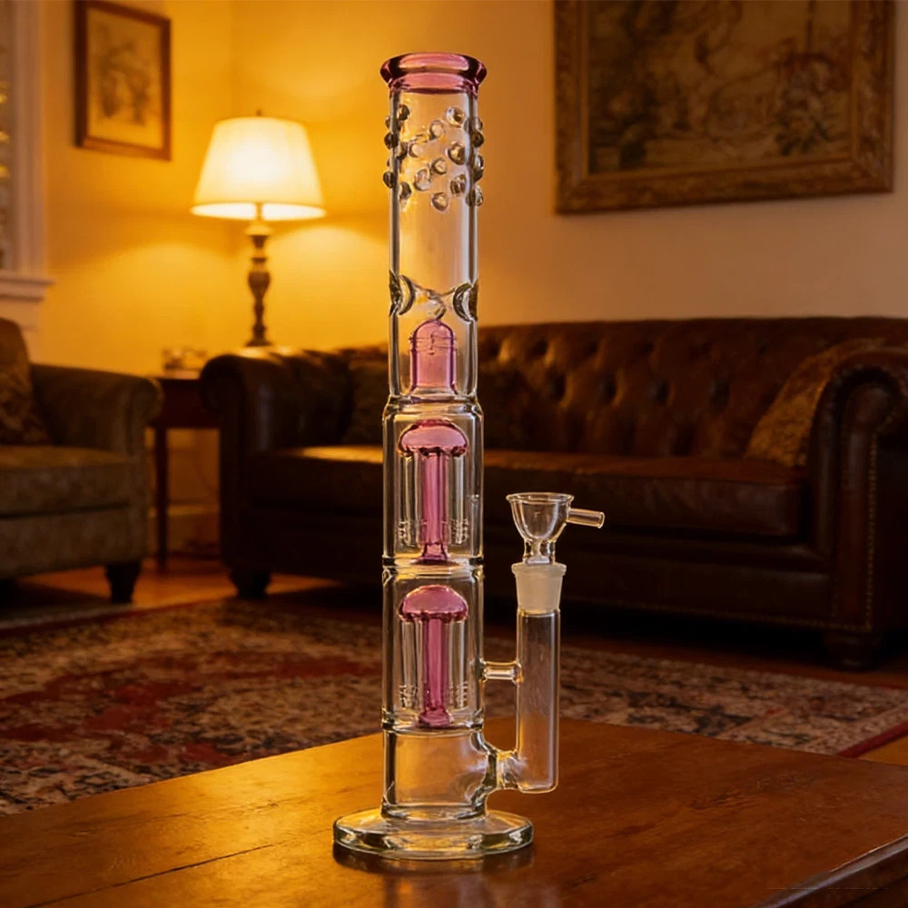 16″ Heavy Glass Bong Pink Percolate Bongs Smoking Hookah Water Pipe 18mm Bowl