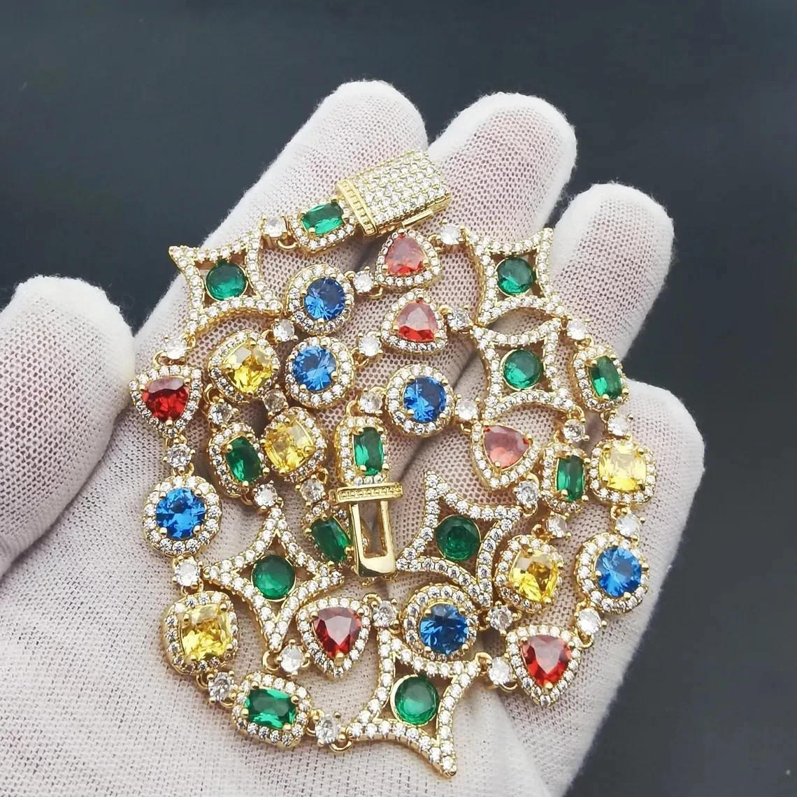 Rainbow Multi-Gemstone & Diamond 18K Yellow Gold Over Men Iced Tennis Necklace