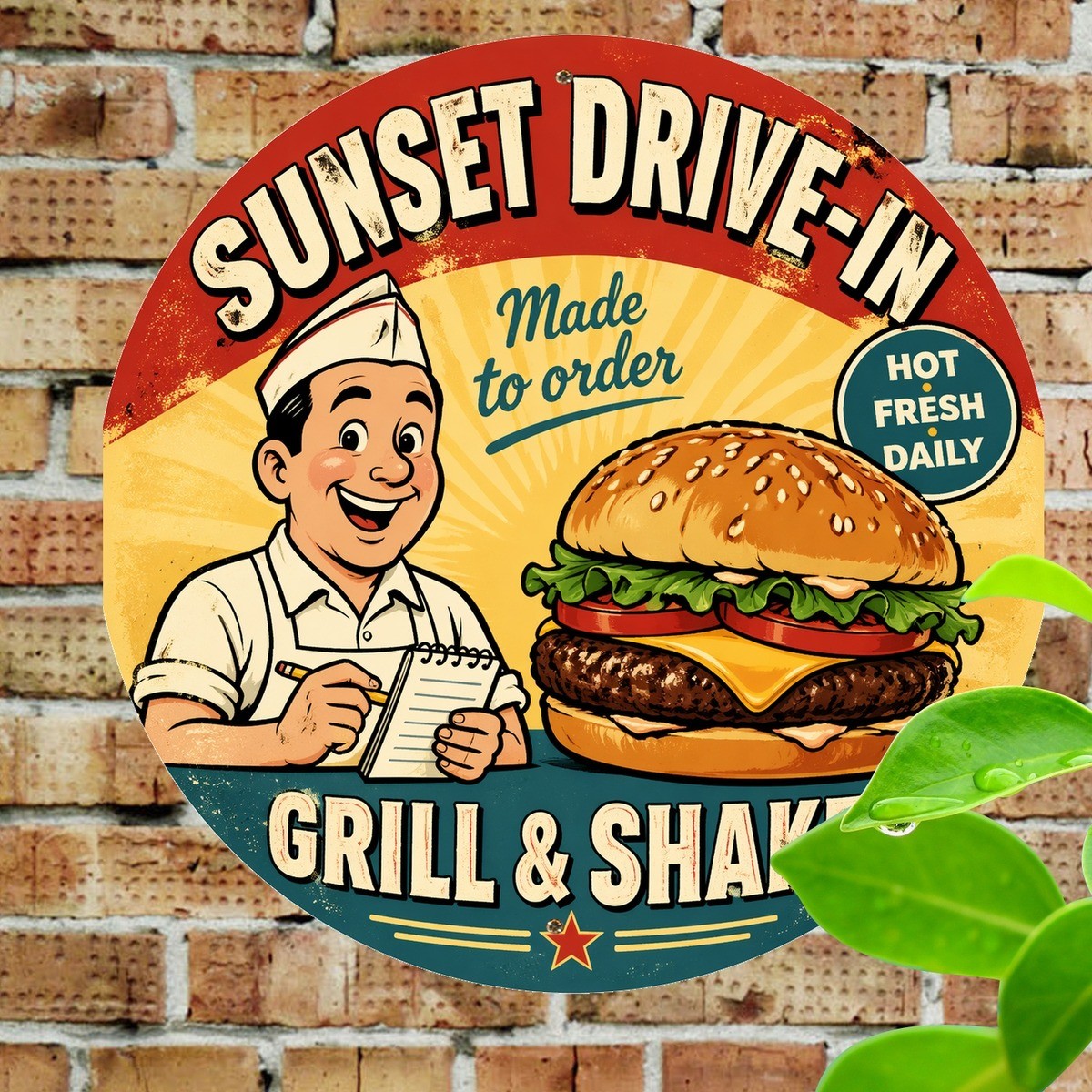 Burger Diner Menu Poster Round Metal Tin Sign Kitchen Wall Decor 8×8