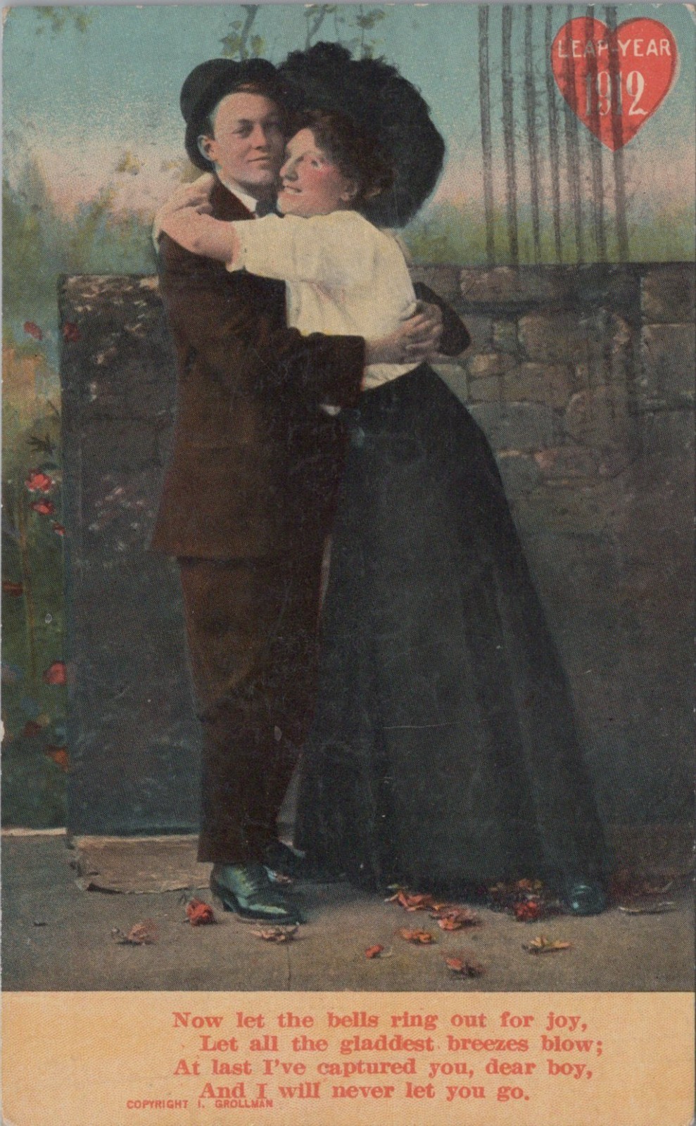 1912 Leap Year Couple Hugging Captured You Bells Ring Joy Humor postcard EQ7