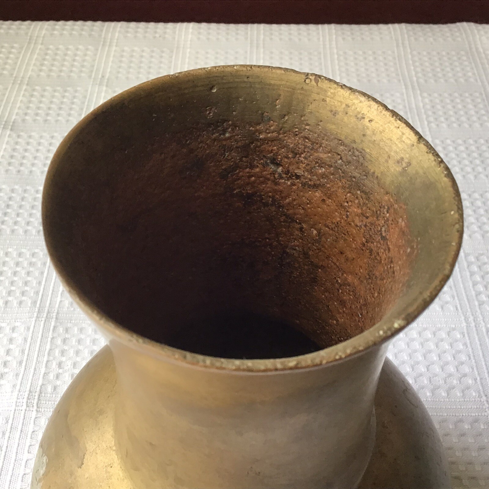 Heavy (3.2 pounds) Antique Solid Brass Oriental Vase, 6 1/4″ T