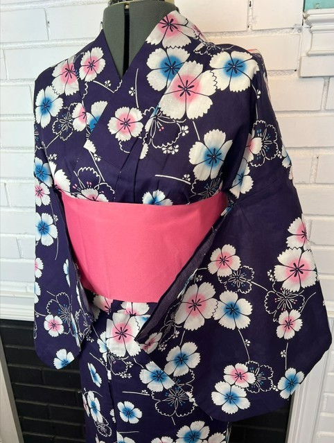Japanese Yukata & Pre-tied Obi Set – Deep Purple Floral with Pink & Purple Pre-t