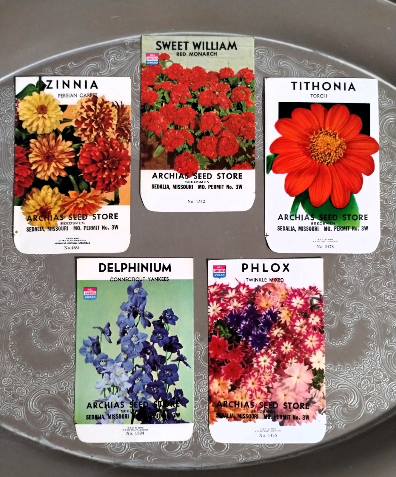 Lot: 5 Vintage Unused Lithographed Flower Seed Packets; Schmidt Litho Co. NOS
