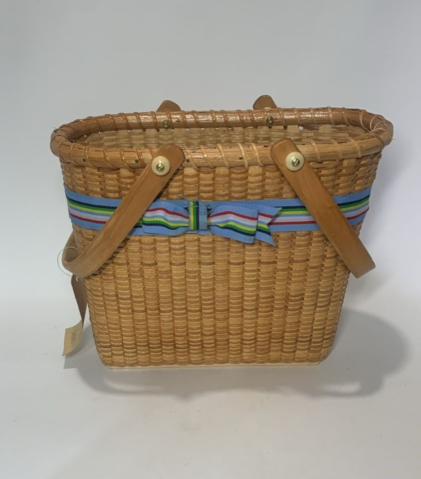 Rare Vintage Oblong Nantucket Style Basket W/ Swing Handles & Ribbon