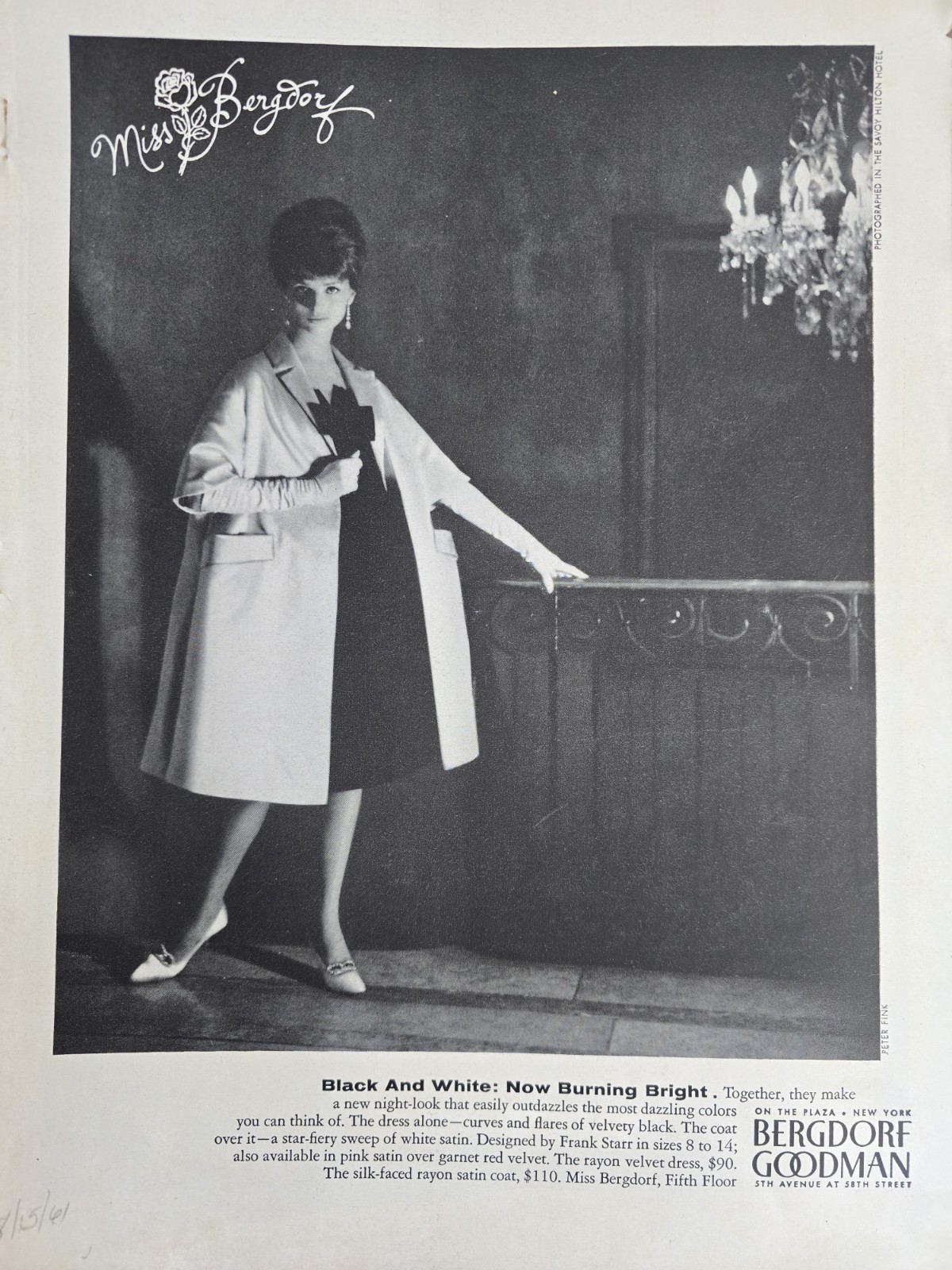 1961 Bergdorf Goodman Women’s Frank Starr dress and white satin coat vintage Ad