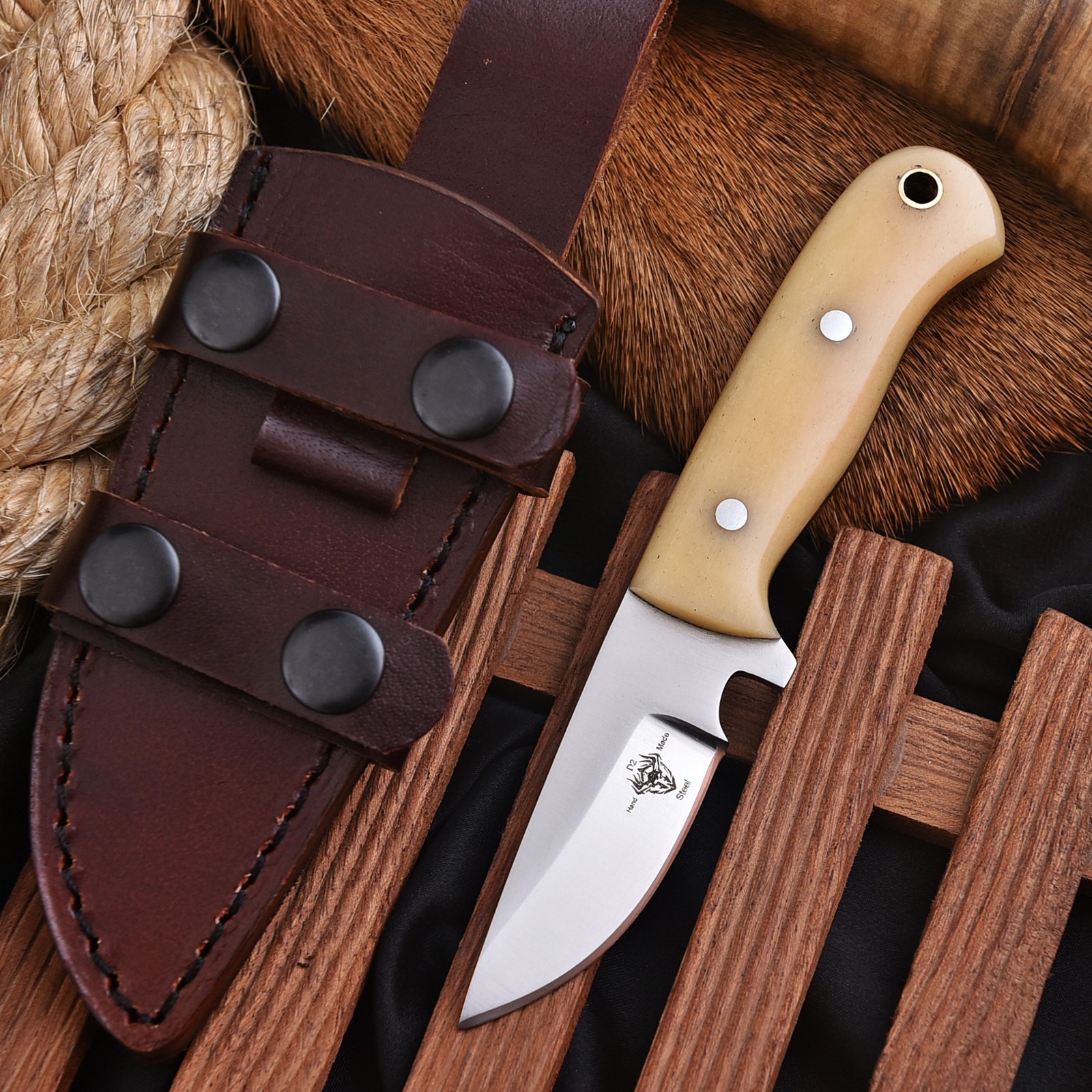 Handmade D2 Custom Camel Bone Hunting Skinner Camping Sport EDC Knife w/Sheath
