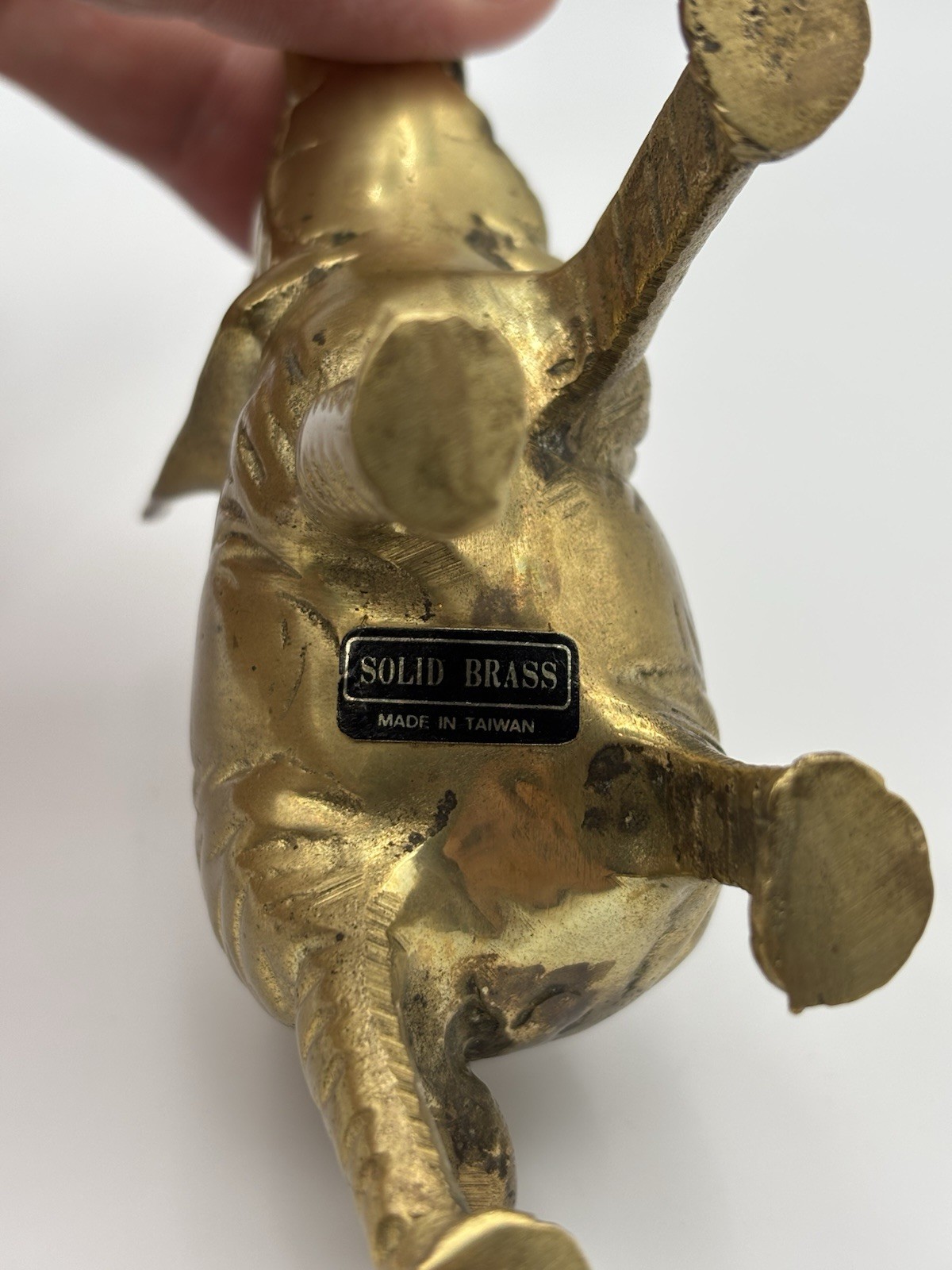 Vintage Solid Brass Elephant Figurine Small Statue Trunk Up, Made in Taiwan, 4”