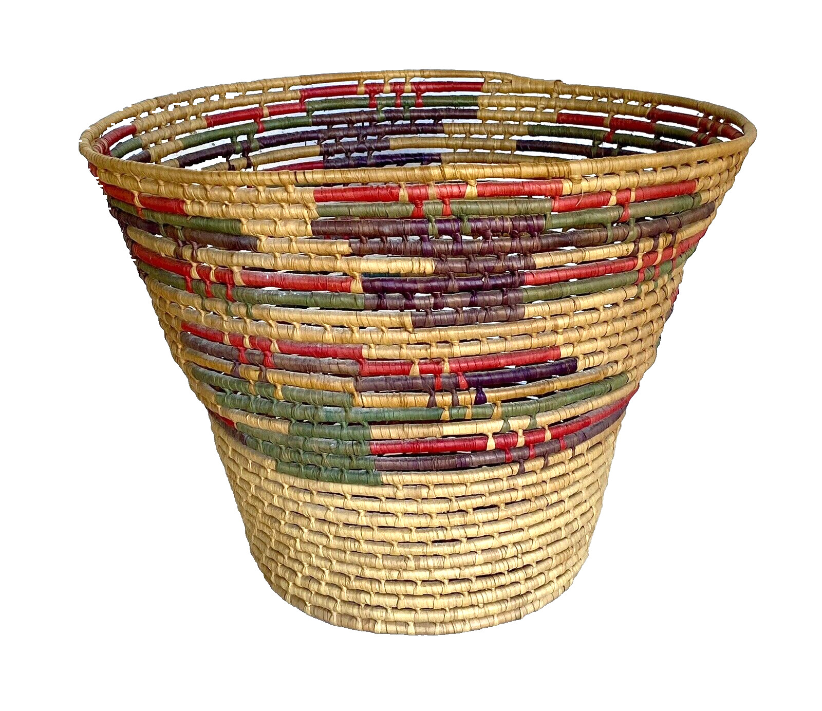 Vintage Toluca Valley Hand Woven Folk Art Waste Basket, Mexico 8-3/8″ Tall