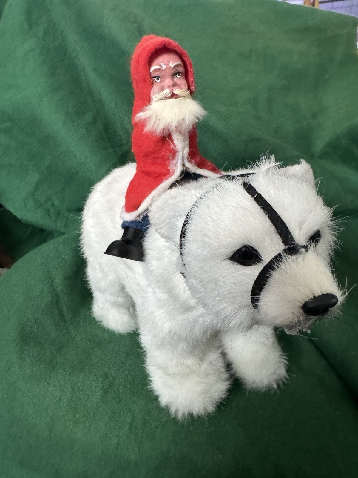 Vintage German Santa Riding a Byers Choice Ltd. Plush Polar Bear w/Black Harness