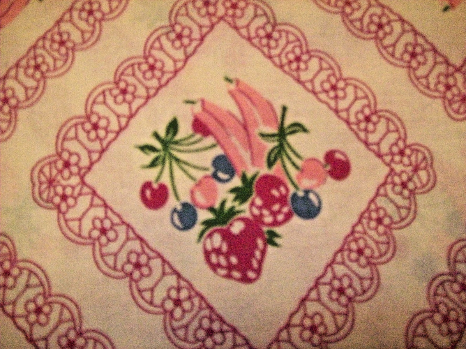 Vtg Feed Sack Fabric fruit pink on white 1930’s-1950’s “-37″ x 44”