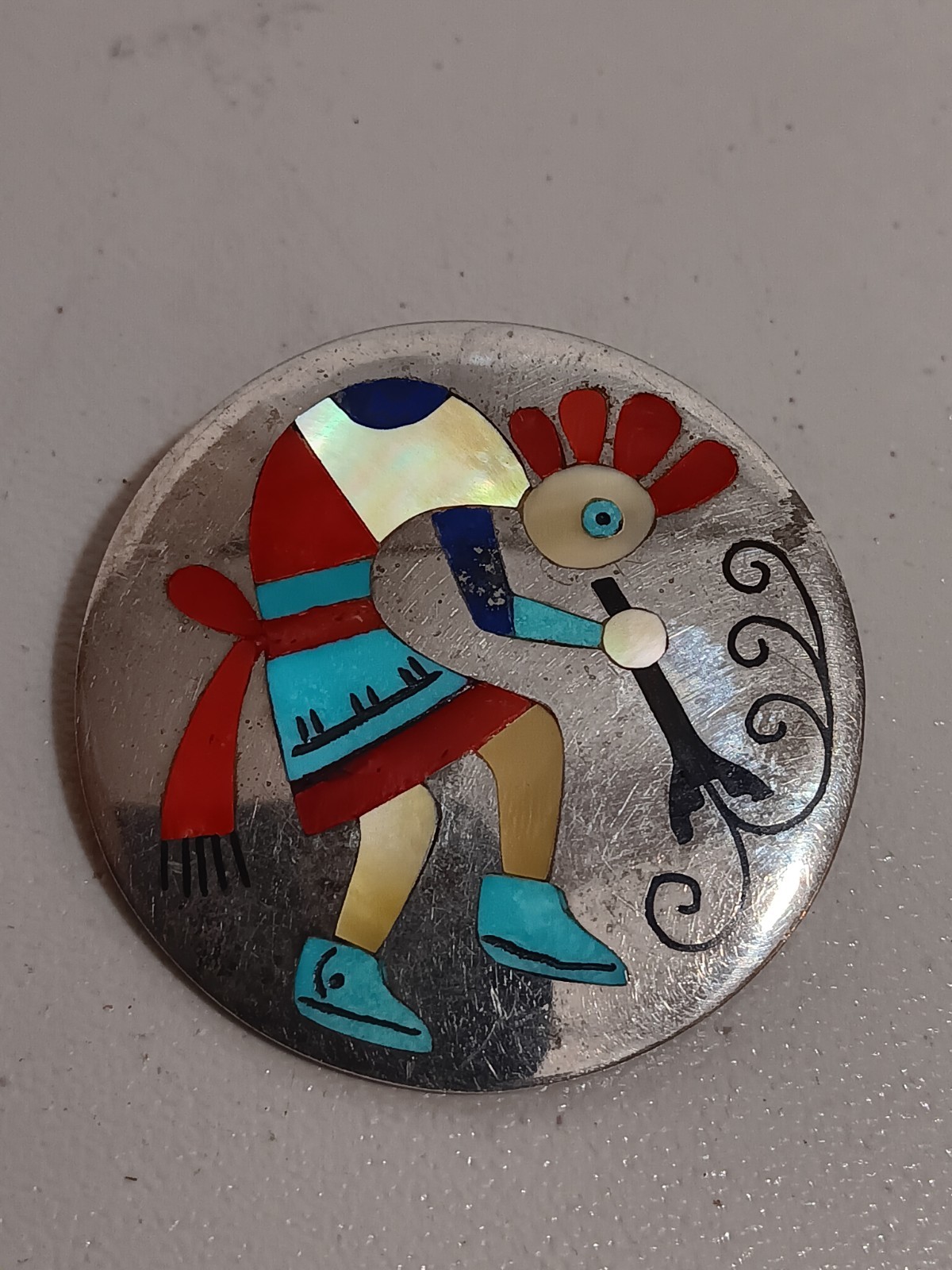 Zuni Native Ruddell Nancy Laconsello Kokopelli Brooch Pendant Sterling 1.5″/38mm