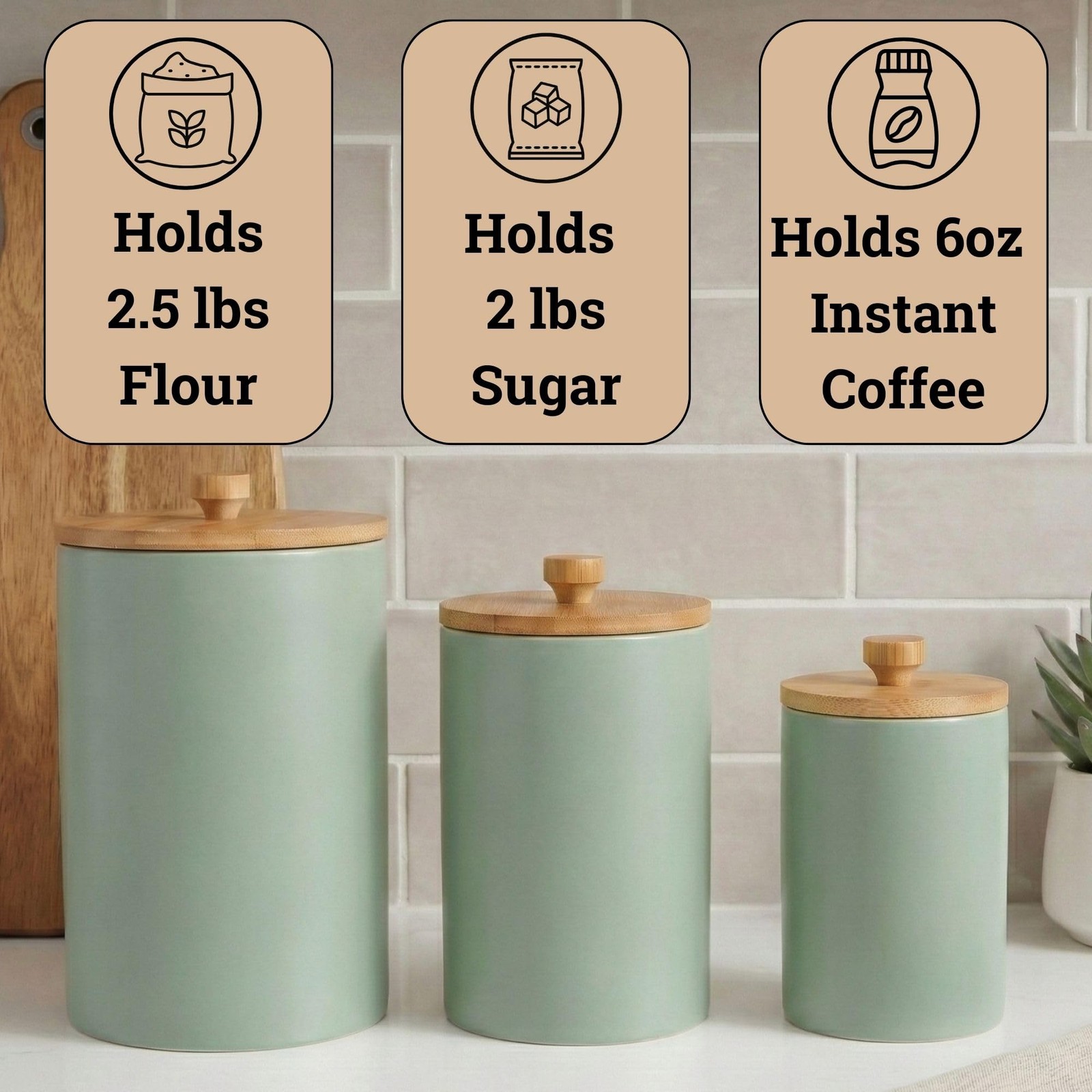 Ceramic Kitchen Canisters for Countertop Set of 8.5 inches, Matte Sage Green