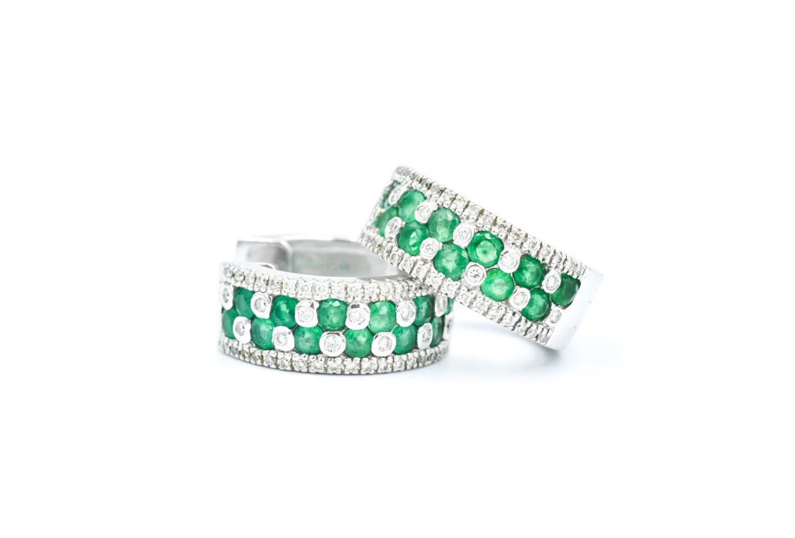 14K White Gold Over Emerald & Diamond Minimalist Huggie Hoop Earrings For Womens
