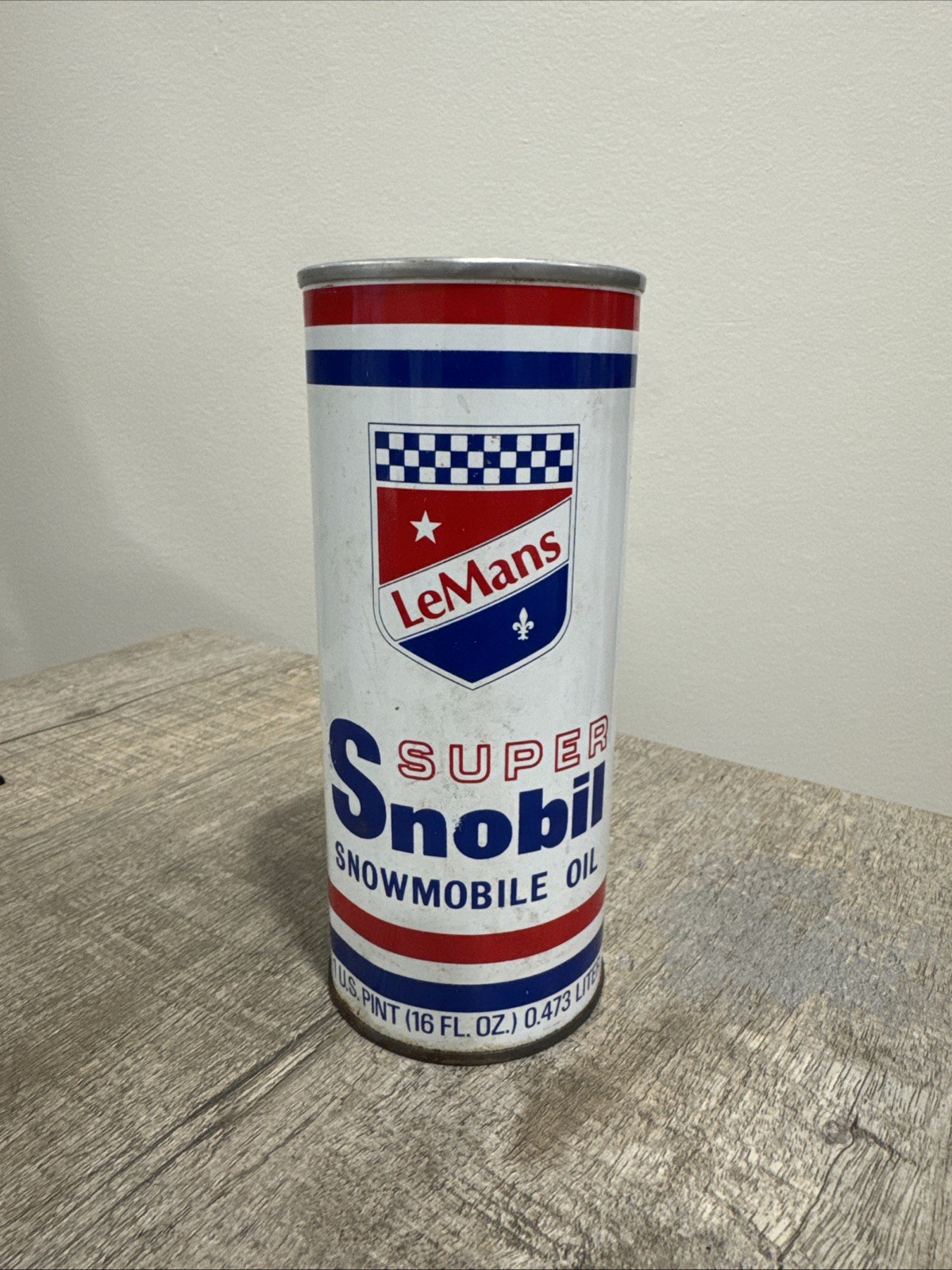 NOS Vintage- Lemans-SUPER SNOBIL- Snowmobile Oil Can- 16oz- Red/White/Blue As Is