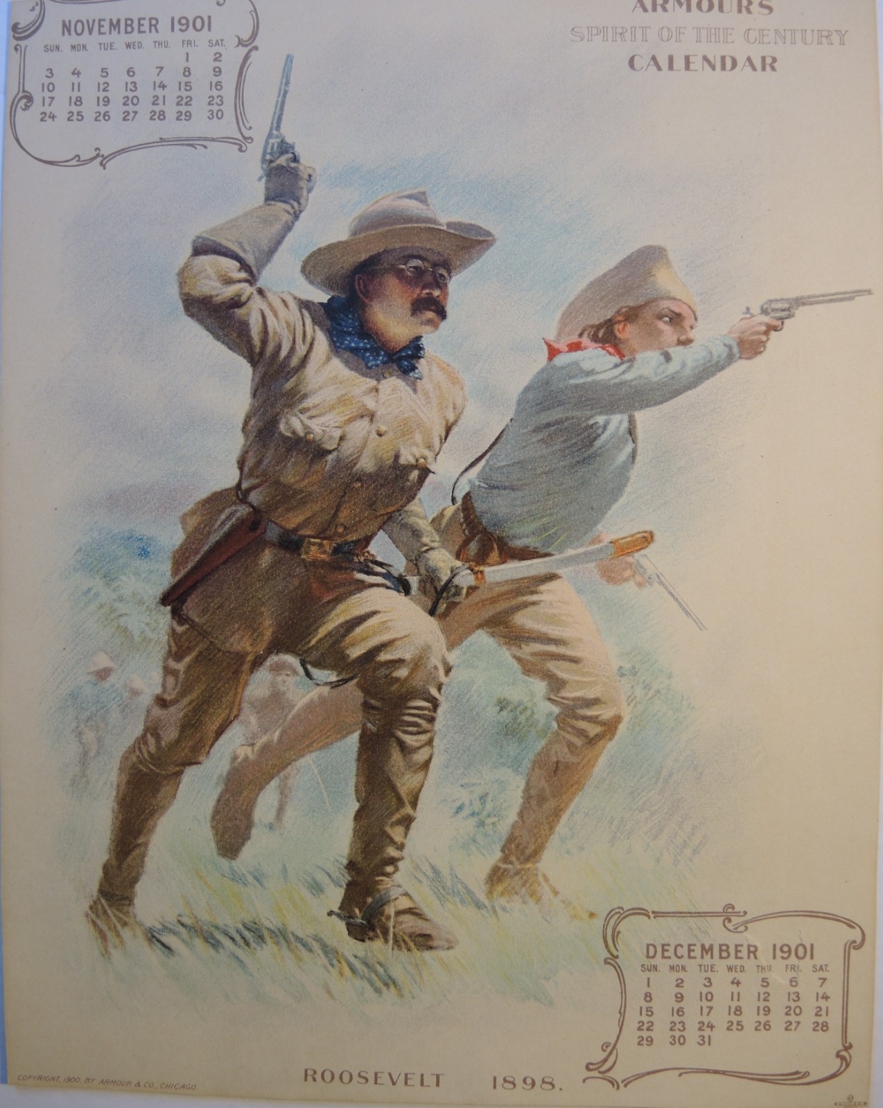 HISTORICAL PRINT TEDDY ROOSEVELT 1900 ARMOUR MEATS CALENDAR ONE OF (6)