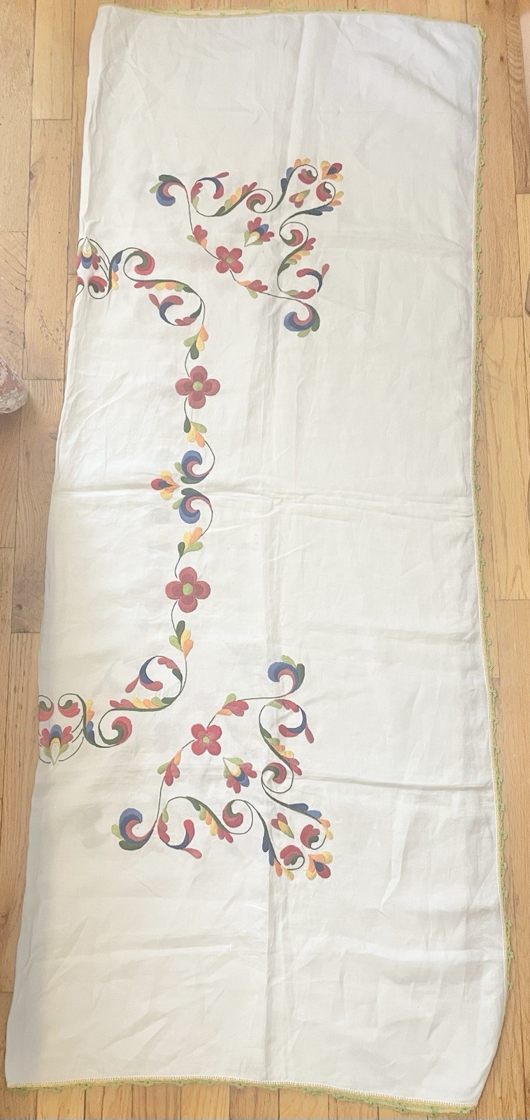 Vintage Embroidered Multicolor Tablecloth White Floral Scrolls 58×45 Flaw
