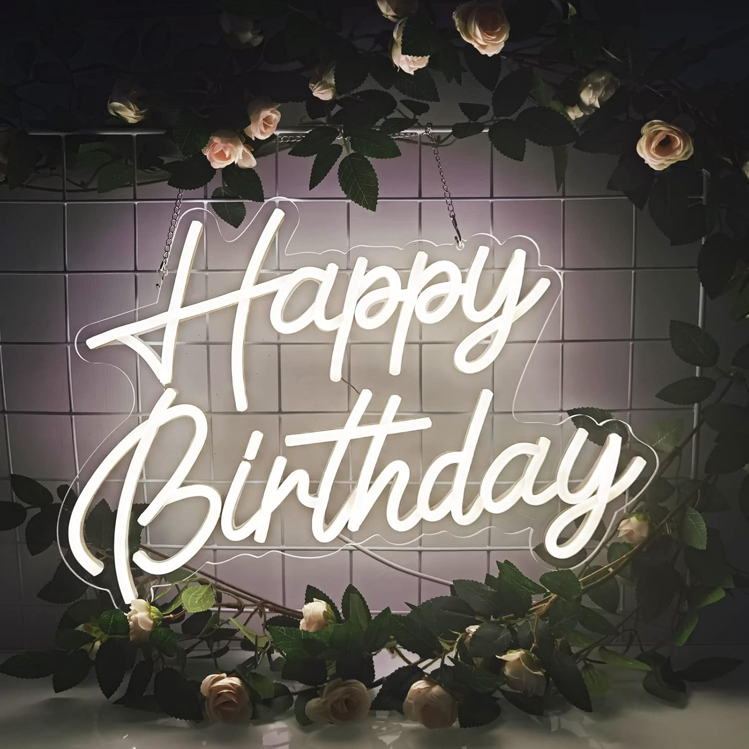 Reusable Warm White LED Happy Birthday Neon Sign for Party & Bedroom Décor