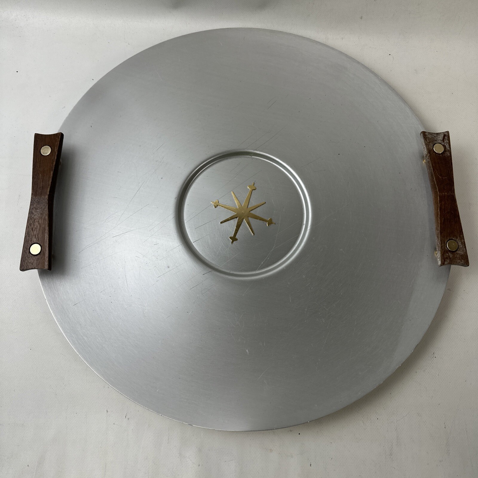 Mirro Medallion Teak Handled Round Serving Tray Mid Century Modern Aluminum MCM