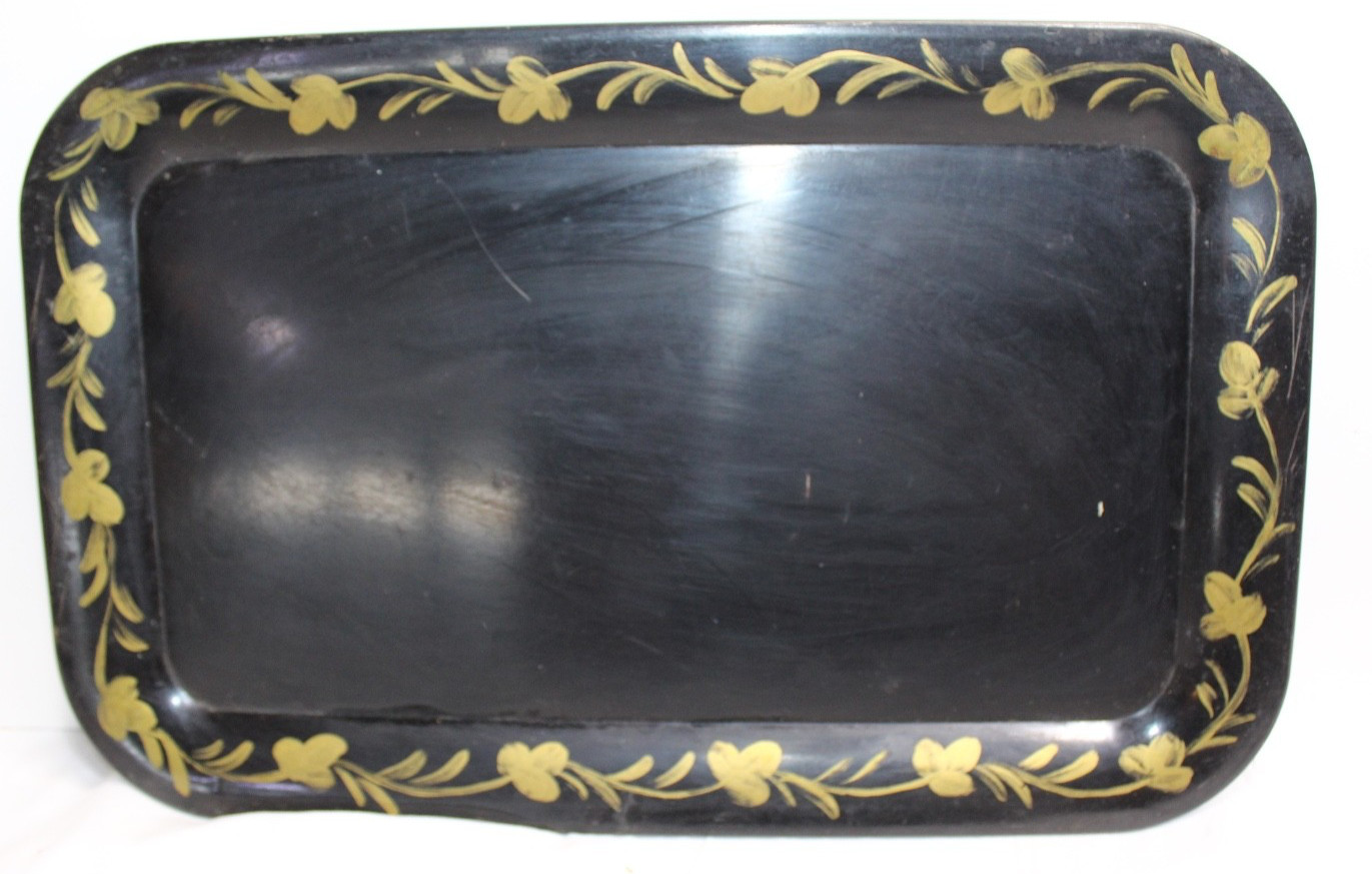 Vintage Black & Gold Metal Toleware Tray~ Hand Painted 14 1/4″ x 9″