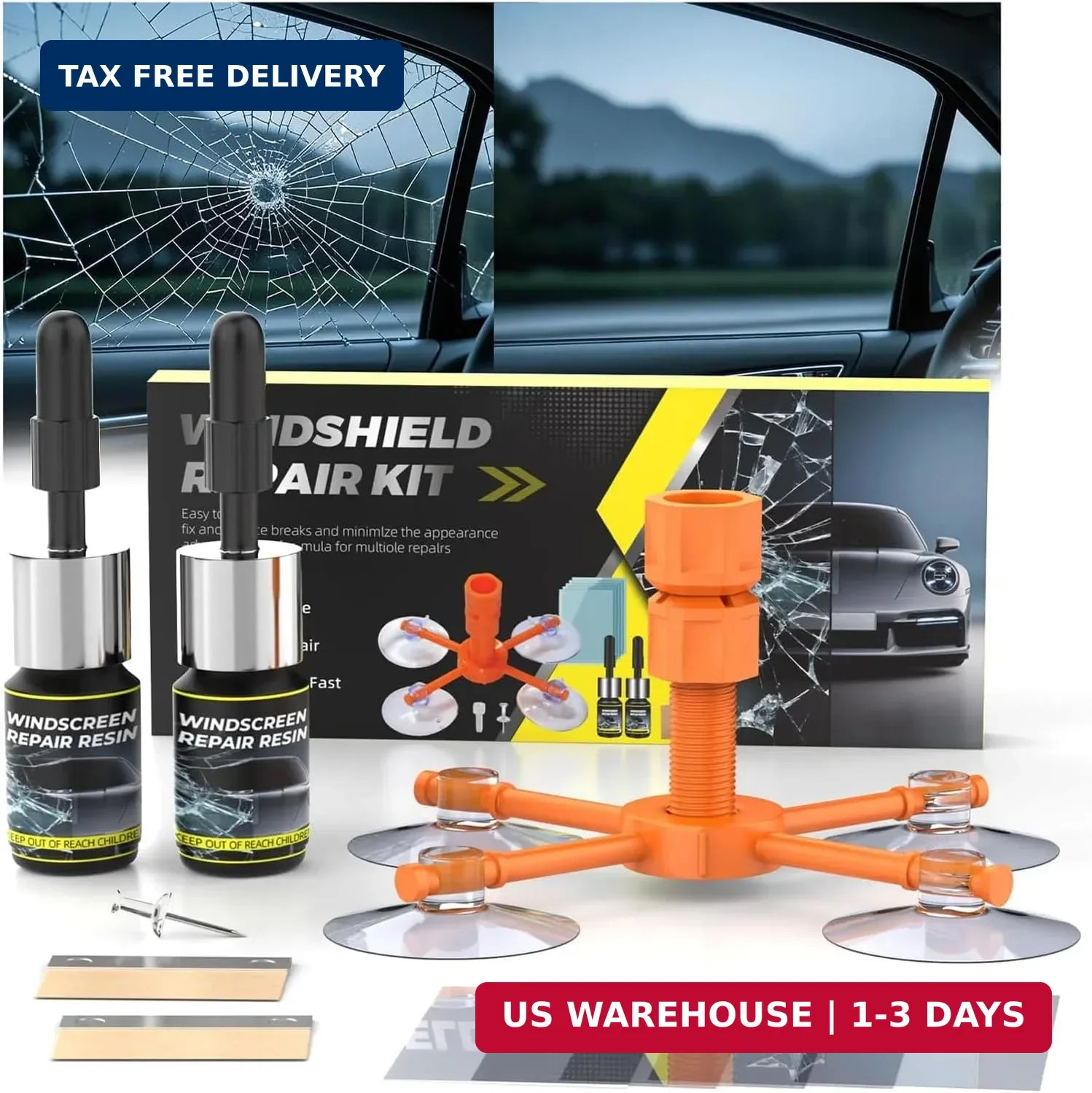 Windshield Chip Repair Kit, Resin Windshield Repair Kit with Injection Head Suct
