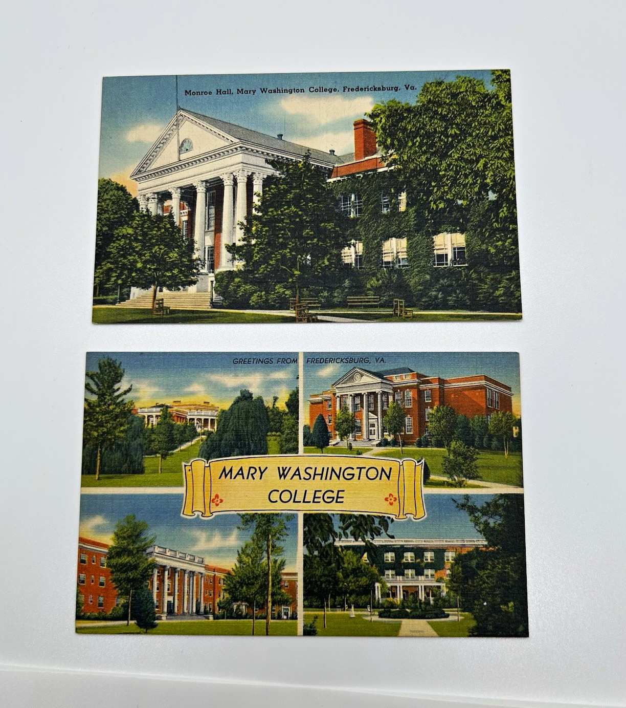 UNPOSTED 2 Vintage Linen Postcards Mary Washington College Fredericksburg, VA