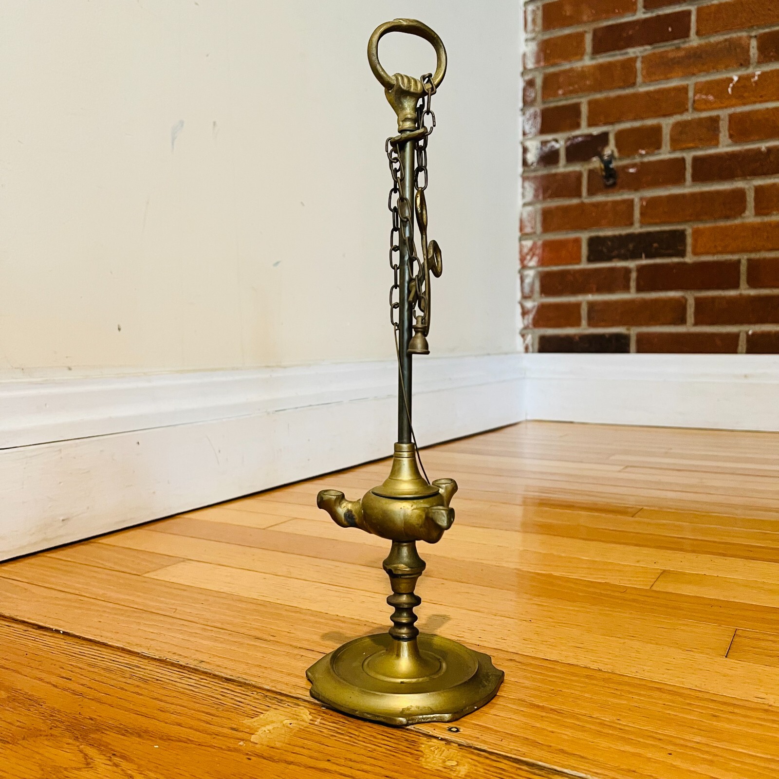 Antique Brass Whale Spout Oil Lamp 3 Burner w 2 Tools