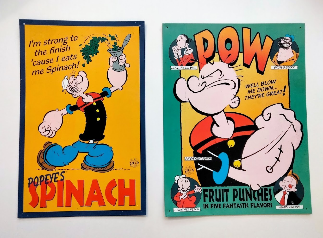 2 Vtg Popeye Metal Signs 16 x10.5″ “Popeye’s Spinach & 16 x 12” Fruit Punches