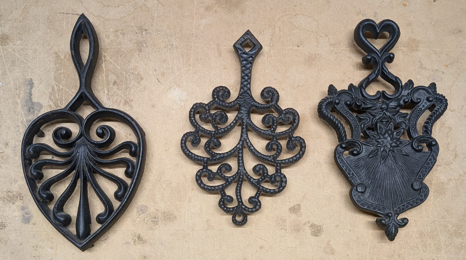 Lot of 3 Vintage Black Cast Iron Mid Century Trivets