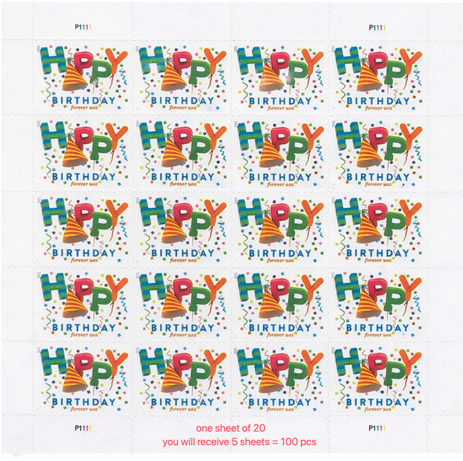 Usps Postage Stamps Happy Birthday 5 Sheets of 20 (100 Pcs)
